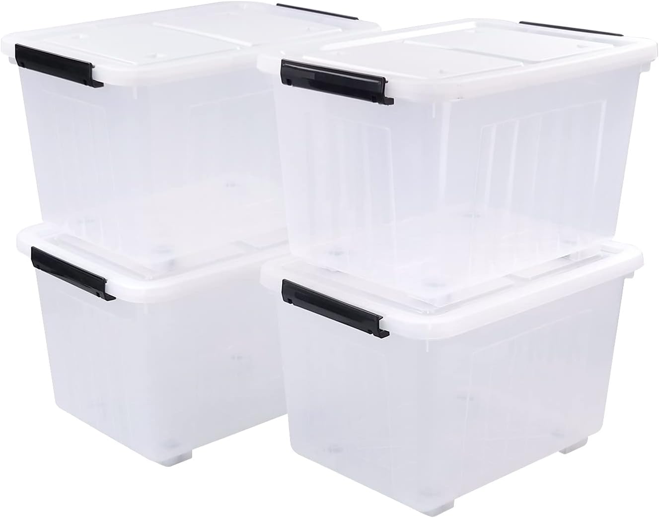 4 Packs 30 L Stackable Plastic Storage Bins with Lids and Wheels, Latching Clear Storage Container Box
