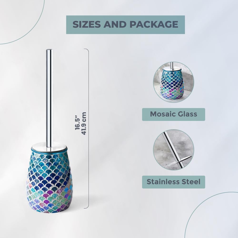 Escenzy Mermaid Bathroom Toilet Brush and Holder Set Mosaic Glass | Non-Rustic Stainless Steel | Practical & Decorative Toilet Bowl Brush and Holder | Luxury Mermaid Bathroom Decor