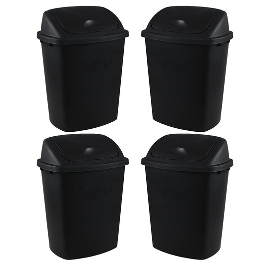 10 Gallon Plastic Swing Top Trash Cans, 4-Pack Garbage Cans with Swing Top Lid, Black