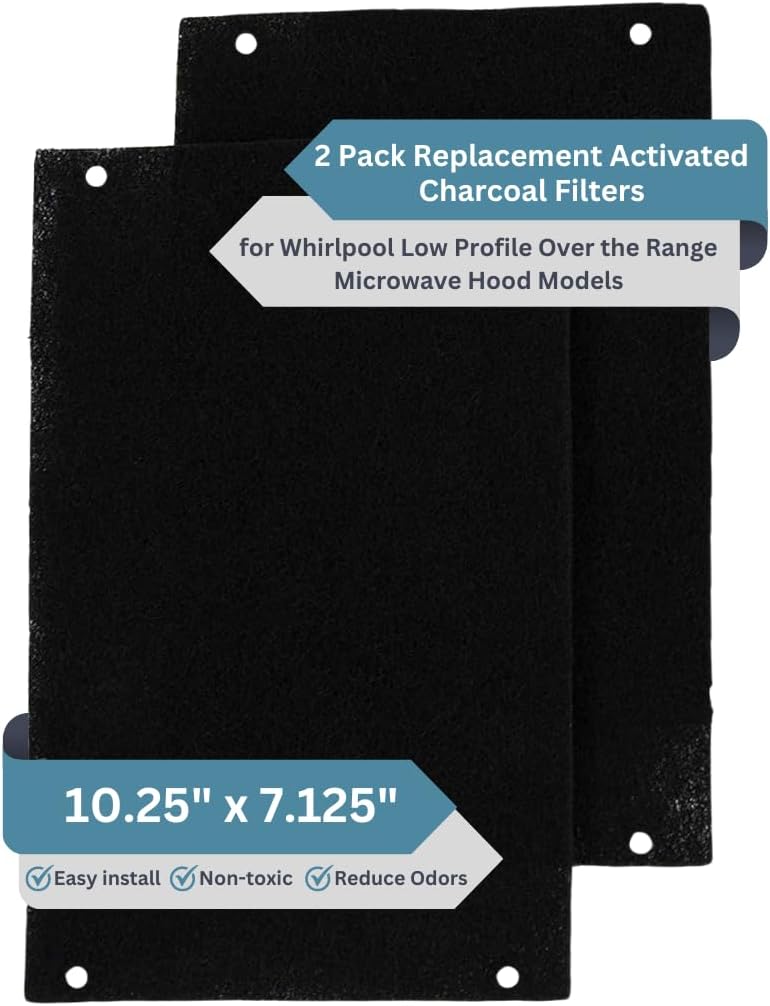 2-Pack Activated Carbon Charcoal Microwave Hood Filters - 10.25" x 7.125" Microwave Hood Filters - Compatible with Whirlpool WML55011HS & WML75011HZ Low‑Profile Models, Made in USA