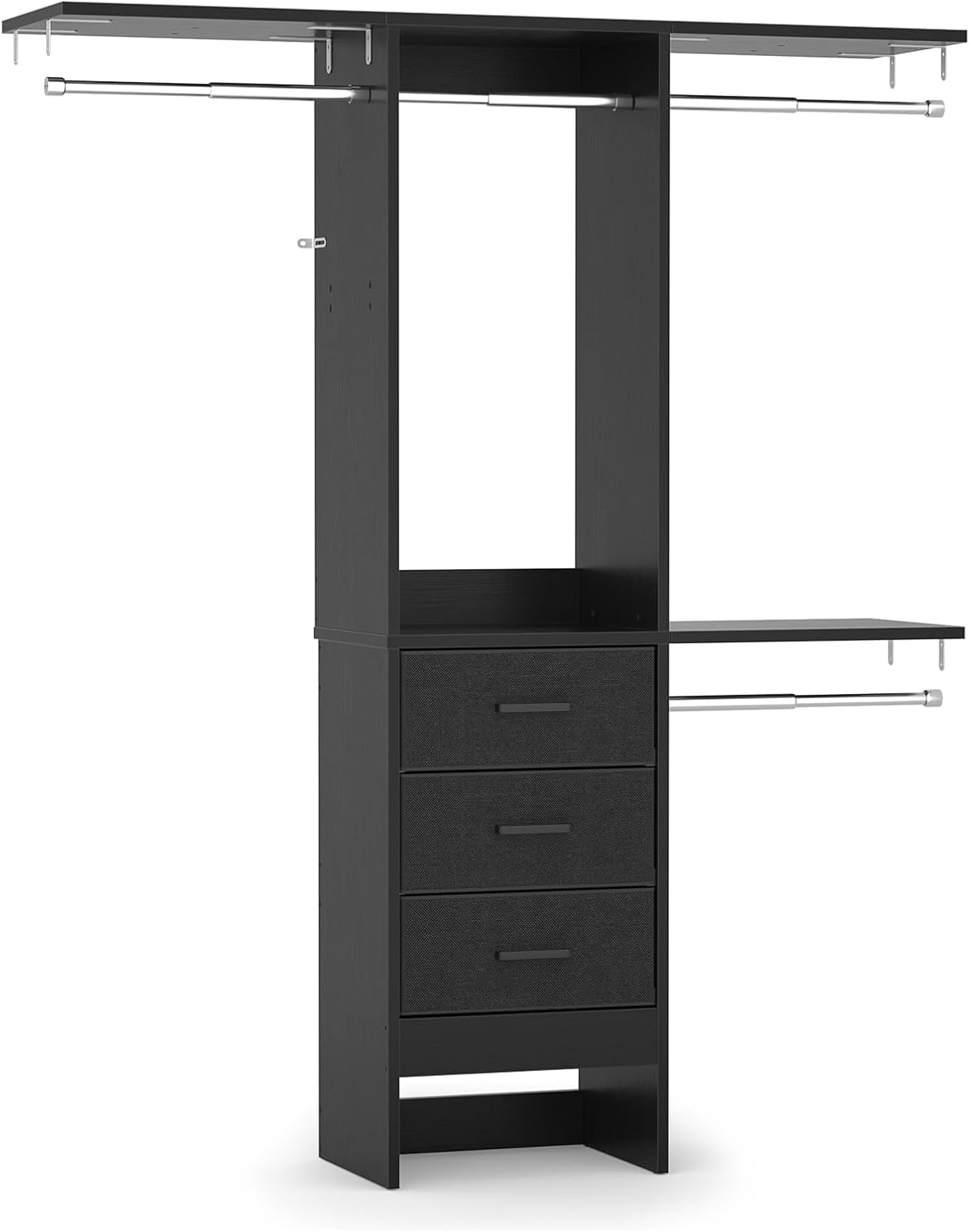 4FT Small Closet System with 3 Fabric Drawers, 48'' Closet Organizer System With 3 Adjustable Shelves, Flexible Built-In Clothes Garment Rack for Small Space, 48" L x 13" W x 71" H, Dark Black