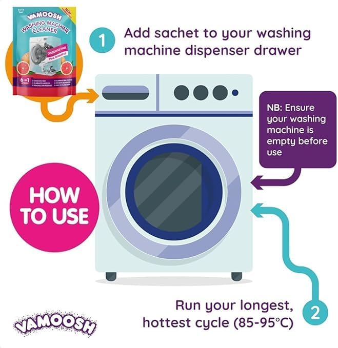 Vamoosh 6-in-1 Washing Machine Cleaner | Dissolves Pet Hair | Prevents Blockage | Grapefruit Scent | Removes Limescale | Deep Clean | Eliminates Odor | Descales | 150g (Pack of 6)