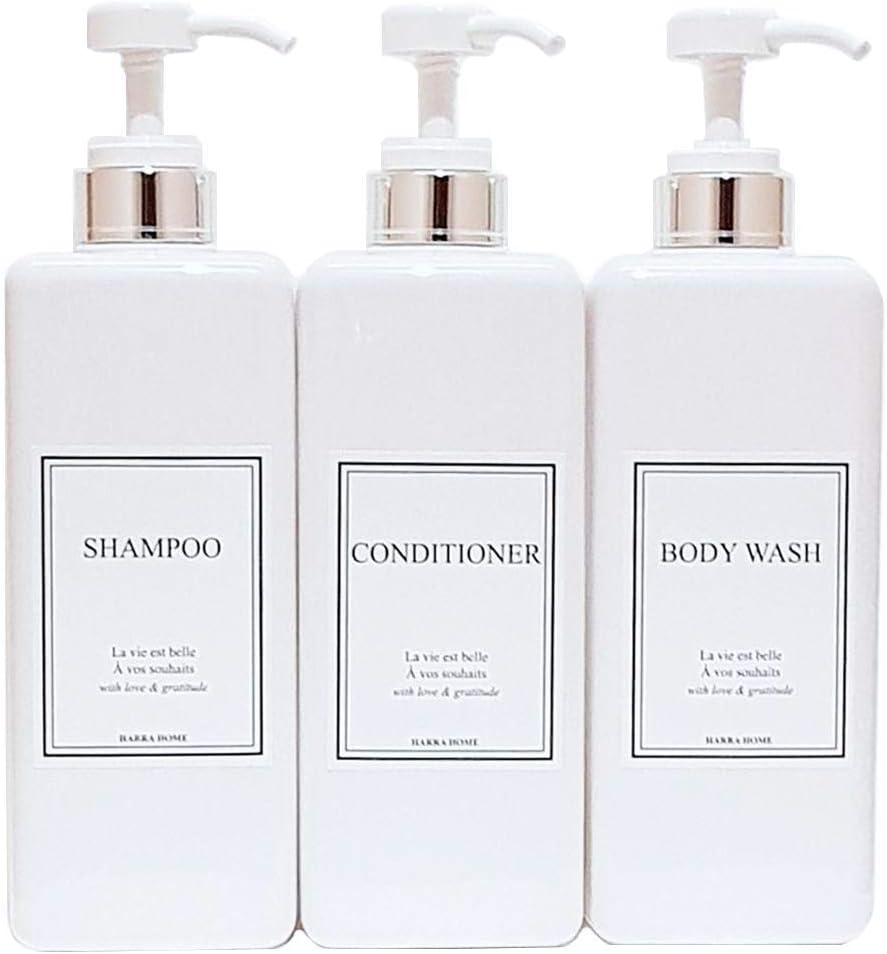 Modern Design Large 27 oz Shampoo and Conditioner Dispensers - Empty Plastic Refillable Pump Bottle Set for Bathroom Shower Soap Dispenser, Set of 3 (White & Silver)