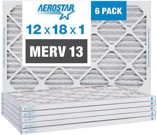 Aerostar 12x18x1 MERV 13-6 Count - Pleated Furnace & Air Conditioner Filters - Removes Bacteria, Dust, Cold & Flu Germs, Lint, Mold, Pet Dander, Allergy-Causing Pollen, Smog, Smoke & Viruses