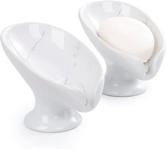 Soap Dish Set, Self Draining Bar Soap Holder for Bathroom Sink, Leaf Shaped Drainage Soap Dish Ceramic Marble Porcelain Decorative Soap Dishes 2PCS, No Suction Cup, ANTIS'S HOME