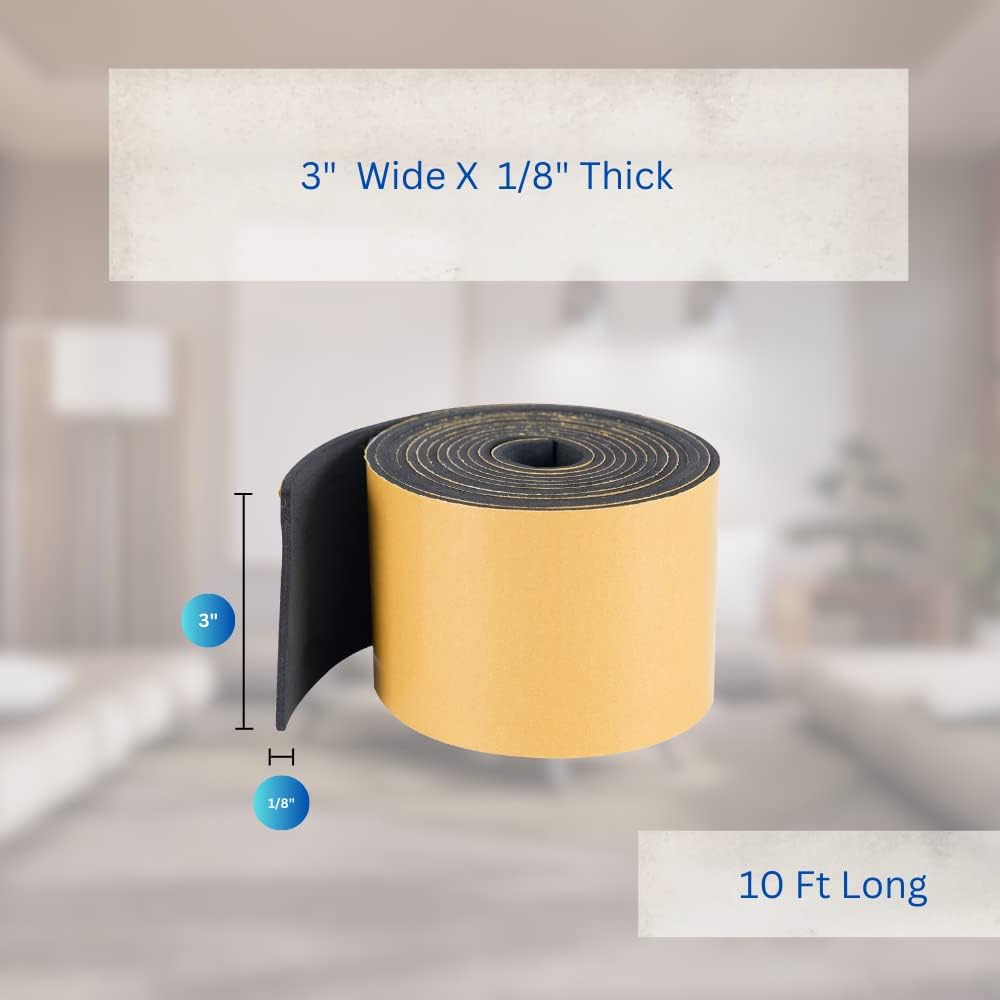 High Density Foam Weather Stripping Door Seal Strip Insulation Tape Roll for Insulating Door Frame, Window, Air Conditioner | Self Adhesive Sealing Weatherstrip (3 in x 1/8 in x 10 Ft, Black)