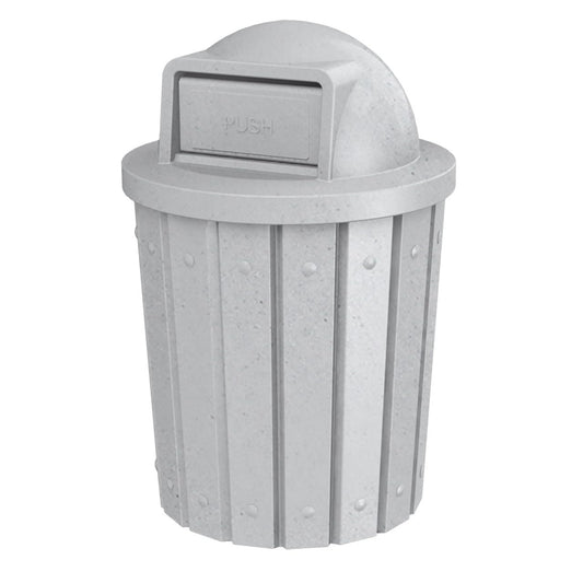 42 Gallon Slated Circle 100% Recycled Plastic Heavy Duty Outdoor Trash Can with Push Open Dome Lid and Internal Liner - Great for Schools and Businesses - Light Granite