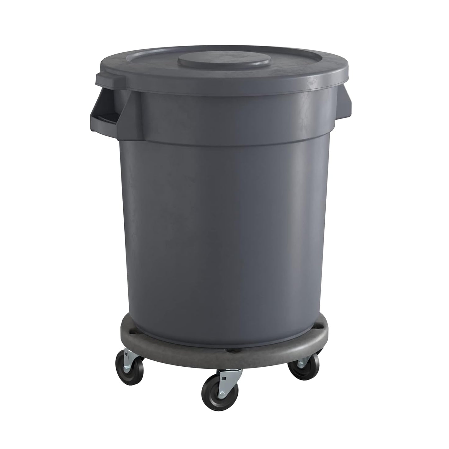 20 Gallon Gray Round Commercial Trash Can with Lid and Dolly