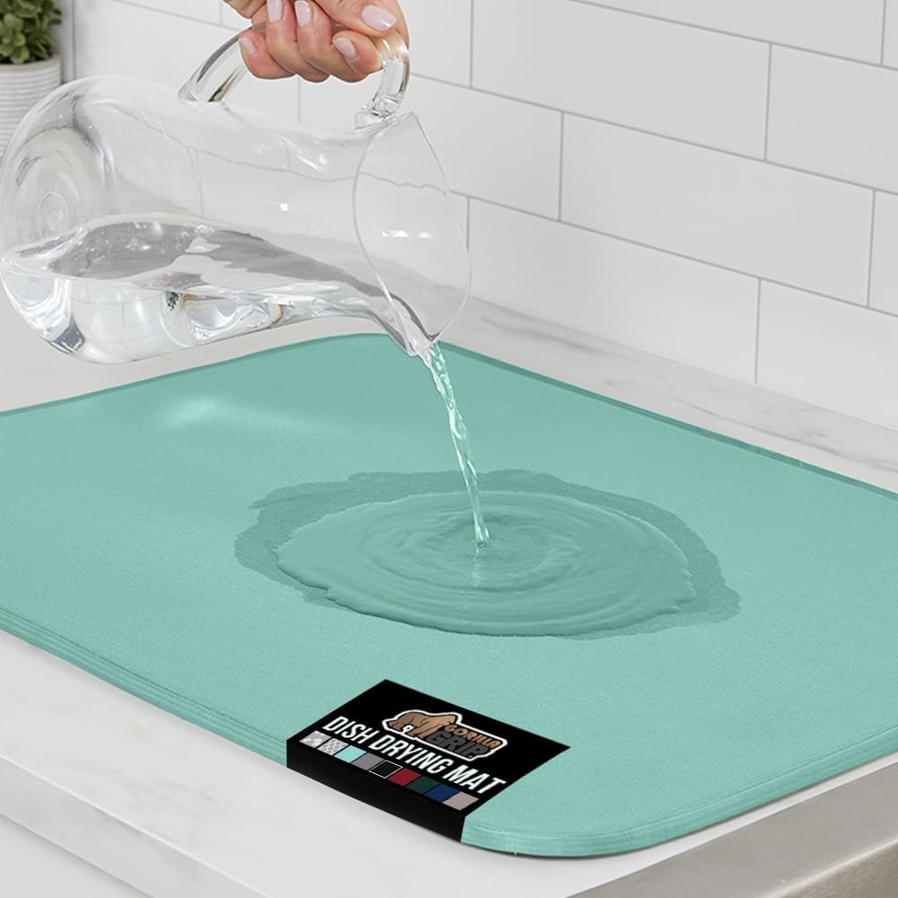 GORILLA GRIP Ultra Water Absorbent Microfiber Dish Drying Mat, Quick Dry Thick Mesh, Slip Resistant Pad for Sink Dishes or Under Rack, Kitchen Counter Accessories, 16x18, Machine Wash Mats, Mint