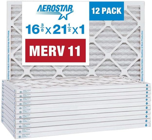 Aerostar 16 3/8x21 1/2x1 MERV 11 Pleated Air Filter, AC Furnace Air Filter, 12 Pack (Actual Size: 16 1/2" x 21 1/2" x 3/4")