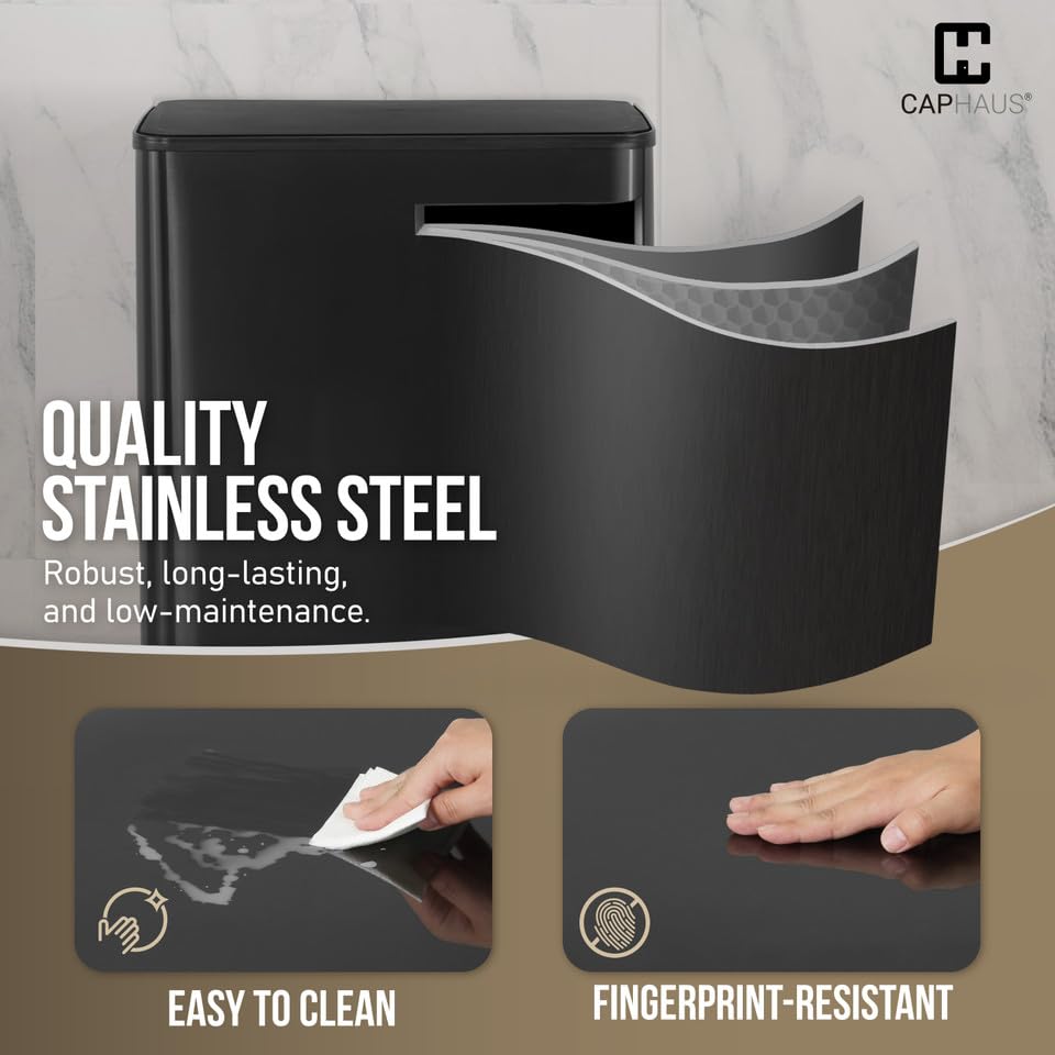 CAPHAUS Black Dual Trash Can w/Single Lid, Trash & Recycle Bins Combo, Hands-Free Stainless-Steel Garbage Can for Kitchen, with 2 Compartment, Hinged Lid, Odor Filters, Handles, 30L+30L, 2 x 8 Gal