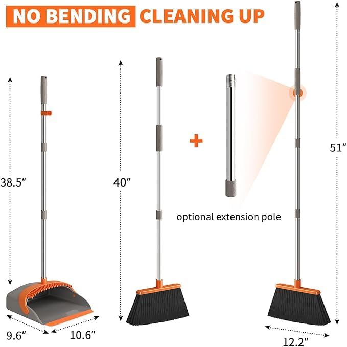 Broom and Dustpan Set – Upright Standing Broom with Long Handle and Clip-On Dustpan – Indoor Sweeping Set for Home, Office, or Kitchen – Space-Saving & Easy to Store (Orange & Black)