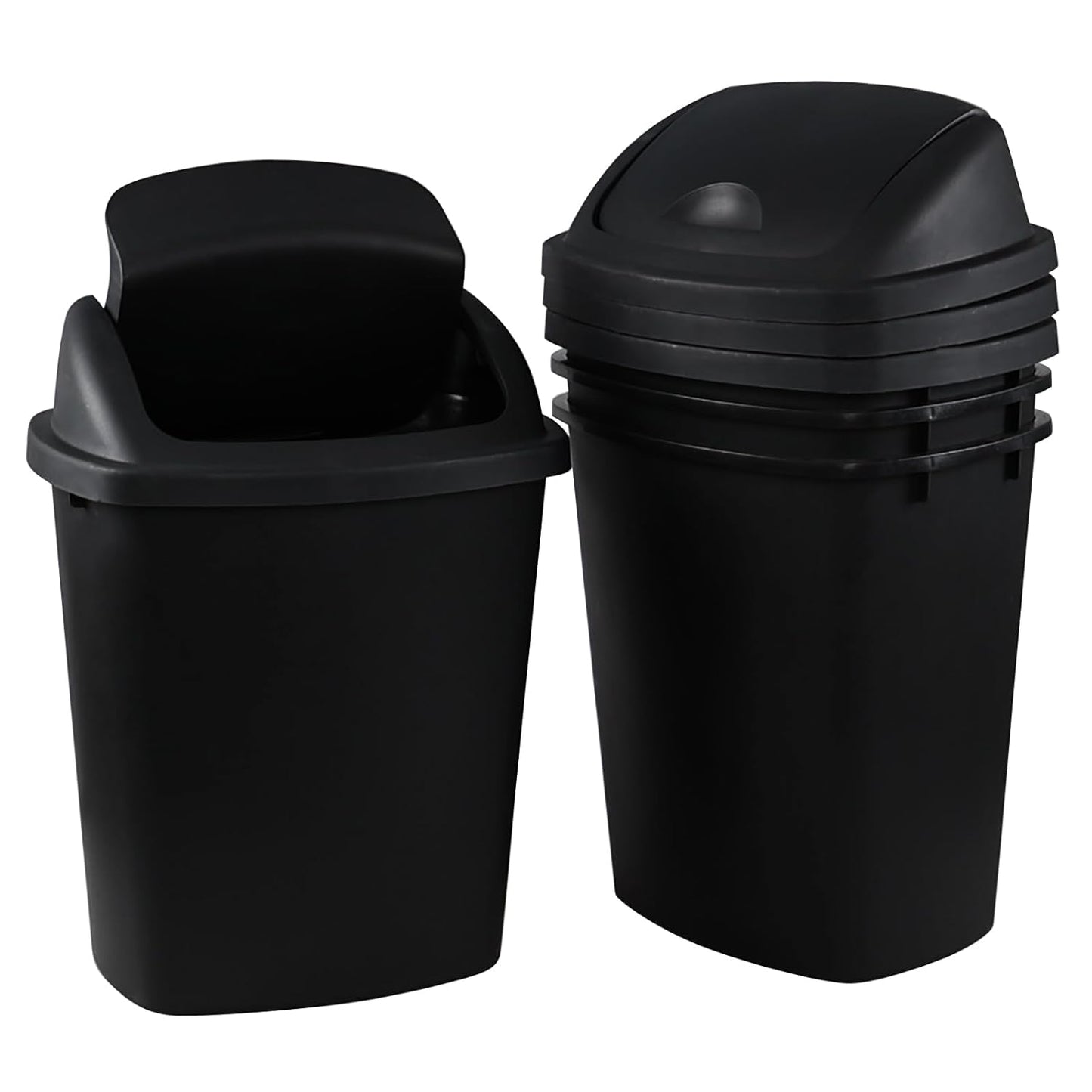 Teyyvn 6 Gallon Plastic Flip Lid Trash Can for Kitchen, Black Plastic Garbage Bin with Swing Lid, Pack of 4