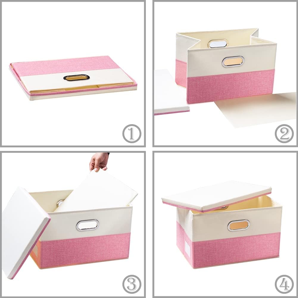 PRANDOM Large Collapsible Storage Bins with Lids [3-Pack] Fabric Foldable Storage Boxes Organizer Containers Baskets Cube with Cover for Home Bedroom Closet Office Pink&Cream(17.7x11.8x11.8)