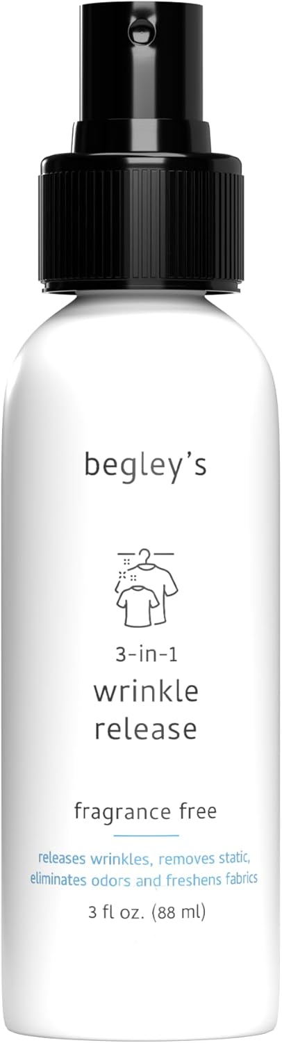 Begley's 3-in-1 Wrinkle Remover, Quick Fix Wrinkle Release, Static Cling Remover, Odor Eliminator and Fabric Refresher Spray - USDA Certified Biobased - Fragrance-Free, 3 oz Travel Size