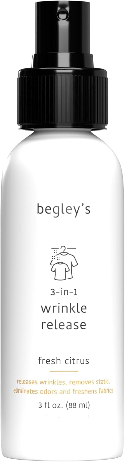 Begley's 3-in-1 Wrinkle Remover, Quick Fix Wrinkle Release, Static Cling Remover, Odor Eliminator and Fabric Refresher Spray - USDA Certified Biobased - Citrus, 3 oz Travel Size