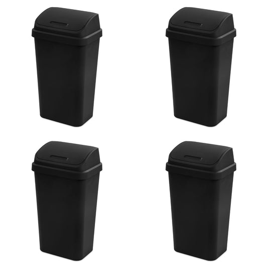 Sterilite 4-Pack Swing Top Wastebasket, Sleek Square Profile Trash Can, 13 Gallon, Black - Modern Garbage Bin for Kitchen, Bathroom, Garage and Workspace, Fits 13 Gal Liners