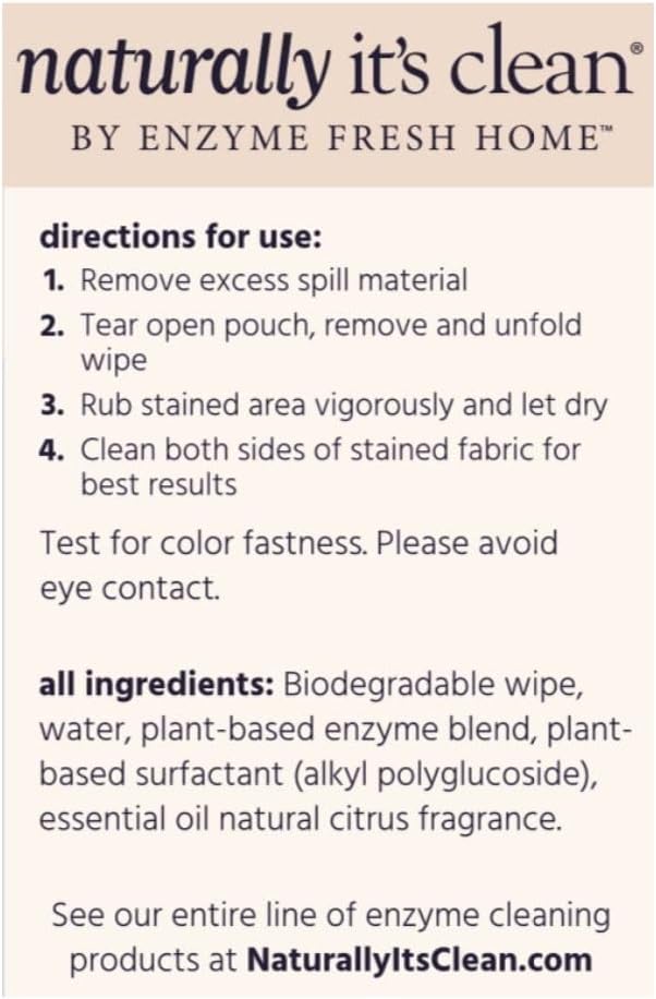 Naturally It's Clean Stain Eraser, Natural Enzymes Based/Biodegradable Instant Stain Removal, Spot Wipe Removes Wine, Coffee, Soda, Spills, Odor on Clothes, Bags, 60 Count (Pack of 1)