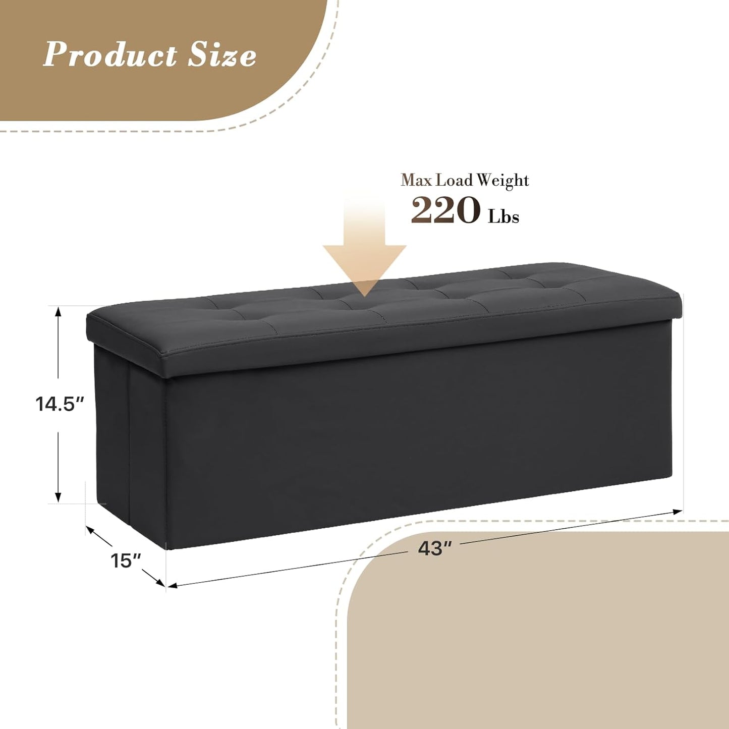 Athena Collection 43" Storage Ottoman Bench Folding Bench with 130L Hidden Storage, Large End of Bed Bench PU Leather Foot Rest Stool Chest with Flipping Lid for Living Room, Bedroom, Entryway, Black