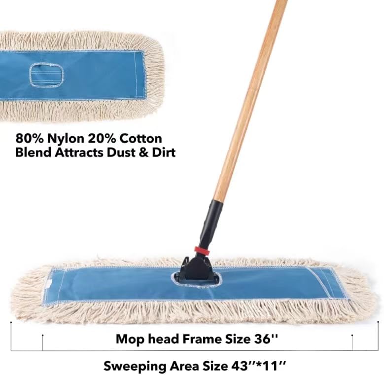 Matthew Cleaning 36'' Industrial Strength Cotton Dust Mop Refill Washable Replacement Heads for Residential & Commercial Use Fit Standard Dust Mop Frames, Hardwood, Concrete Floors Blue&White 1 Pack