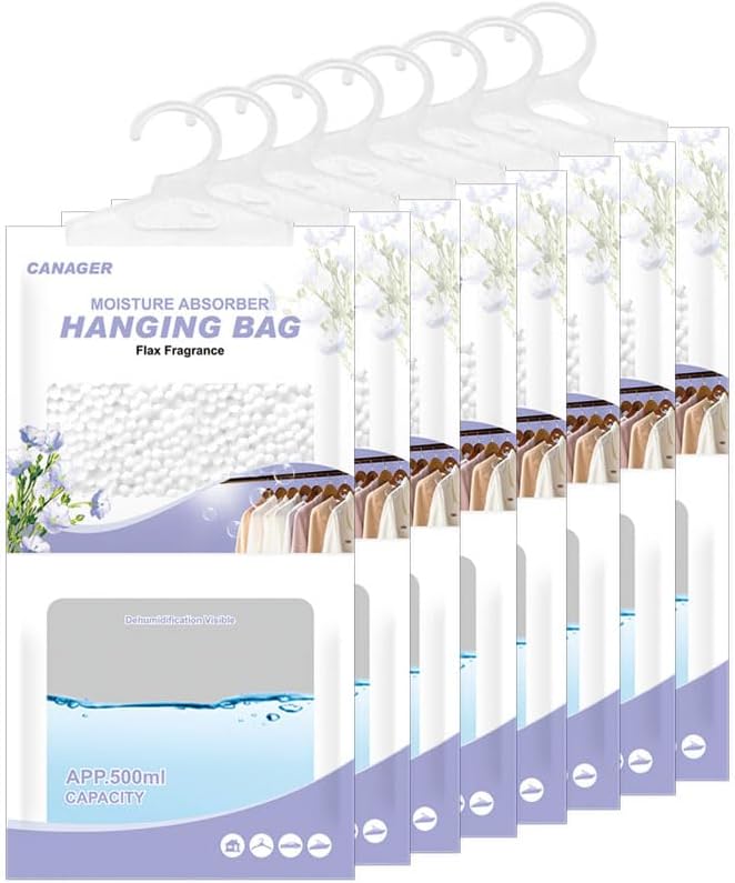 CANAGER Hanging Moisture Absorber, Flax Fragrance Moistureproof Desiccant Hanging Bag，Dehumidifier Bag (8 packs) Hanging Closet Dehumidifier Bags, Moisture Absorb 12.5 oz