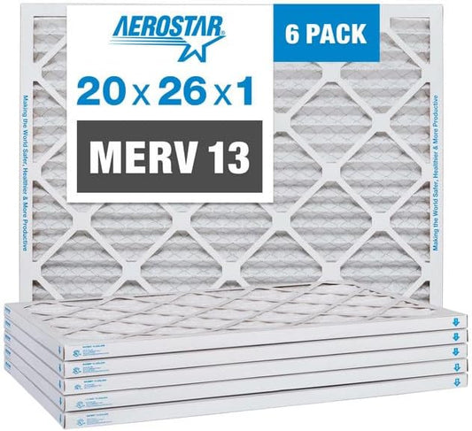 Aerostar 20x26x1 MERV 13-6 Count - Pleated Furnace & Air Conditioner Filters - Removes Bacteria, Dust, Cold & Flu Germs, Lint, Mold, Pet Dander, Allergy-Causing Pollen, Smog, Smoke & Viruses