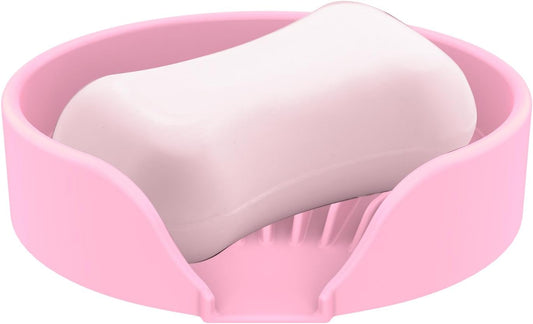 Self Draining Soap Dish, Silicone Suction Cup Soap Holder Tray Savers Container Sponge Holder for Bar Bathroom Shower Kitchen Sink, Can Extend Soap Life (1, Pink)