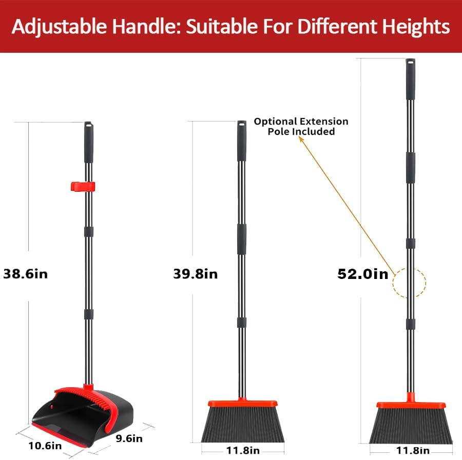 2-Pack is More economical，Broom and Dustpan， with 52" Long Handle, Dustpan Teeth with self-Cleaning Function, Indoor and Outdoor Sweeping, Perfect for Home Office