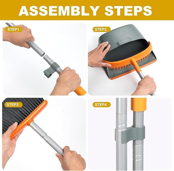 Broom and Dustpan Set – Upright Standing Broom with Long Handle and Clip-On Dustpan – Indoor Sweeping Set for Home, Office, or Kitchen – Space-Saving & Easy to Store (Orange & Black)