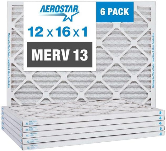 Aerostar 12x16x1 Air Filter MERV 13 (For Allergies, Dust, Lint, Mold, Pet Dander, Smoke, Smog & Bacteria) - Electrostatic MPR 1500-1900 & FPR 10 - Pleated HVAC AC Furnace Air Filters - Pack of 6