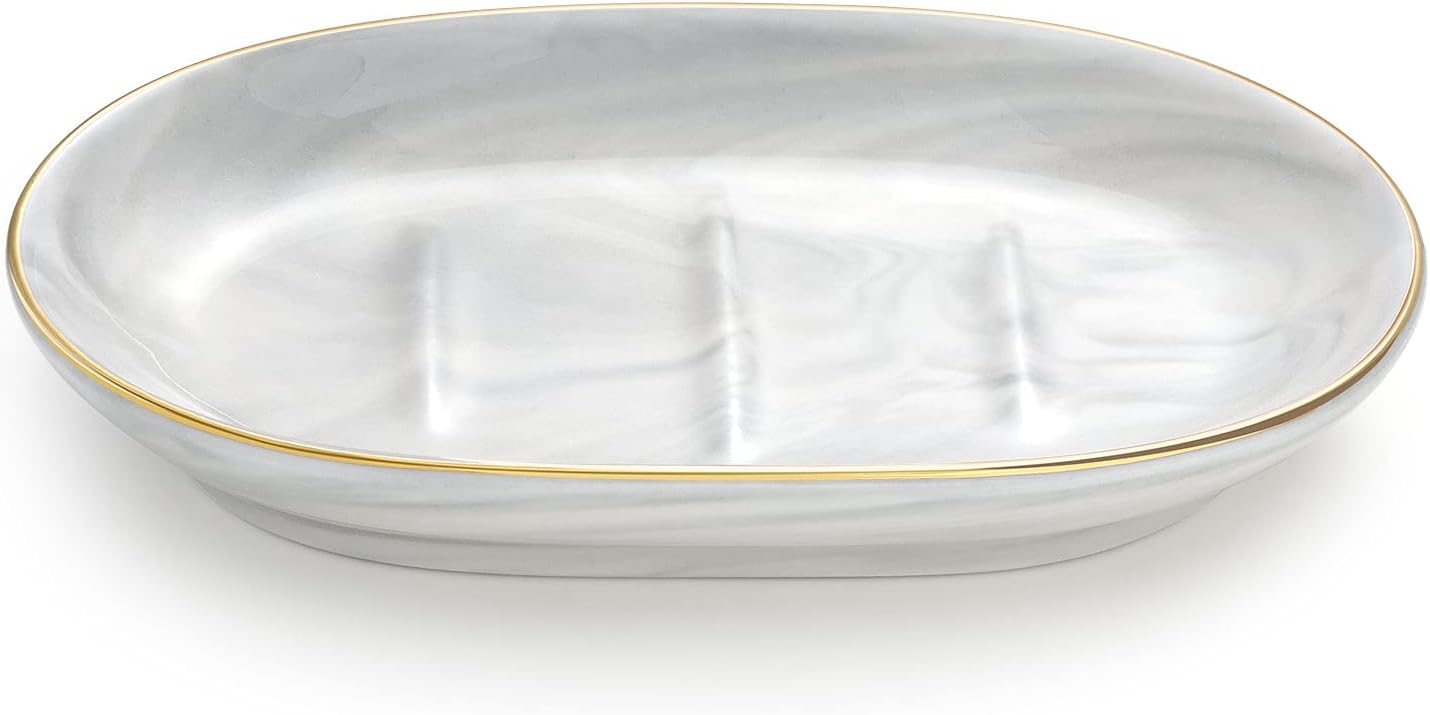 Luxspire Soap Dish Holder, Ceramic Marble Soap Tray Bar Soap Holder with Gold Trim, Oval Sponge Case Box Hand Soap Plate Container for Bathroom Vanity Shower Kitchen Sink Easy Cleaning, Marble White