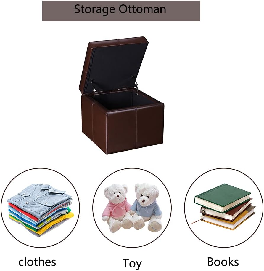 Adeco 17.7" Leather Cube Storage Brown Ottomans for Living Room