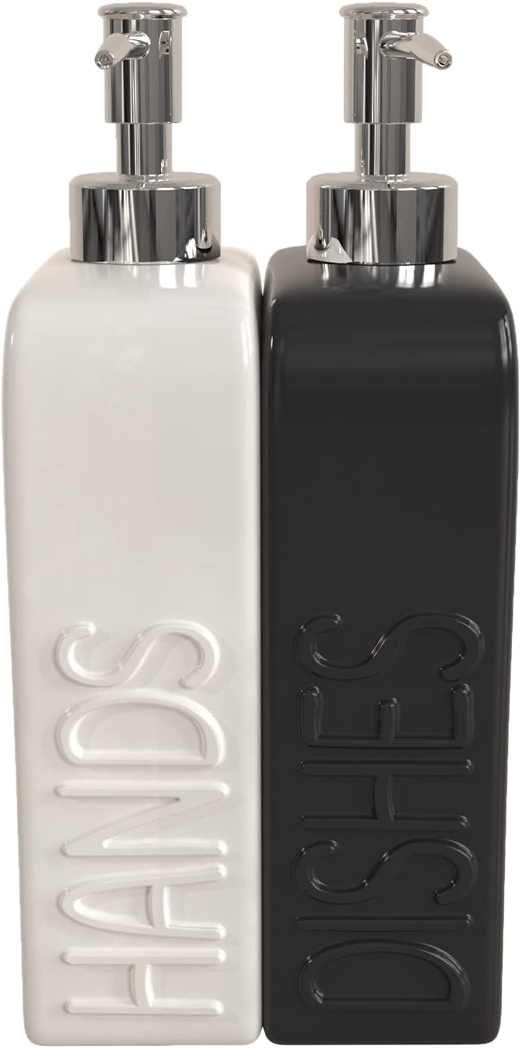 Soap Dispenser Set with Funnel, Non-Slip Silicone Pads, 2 Pack Ceramic Refillable Dish Soap and Hand Soap Dispenser for Kitchen, Bathroom, Matte Black and White