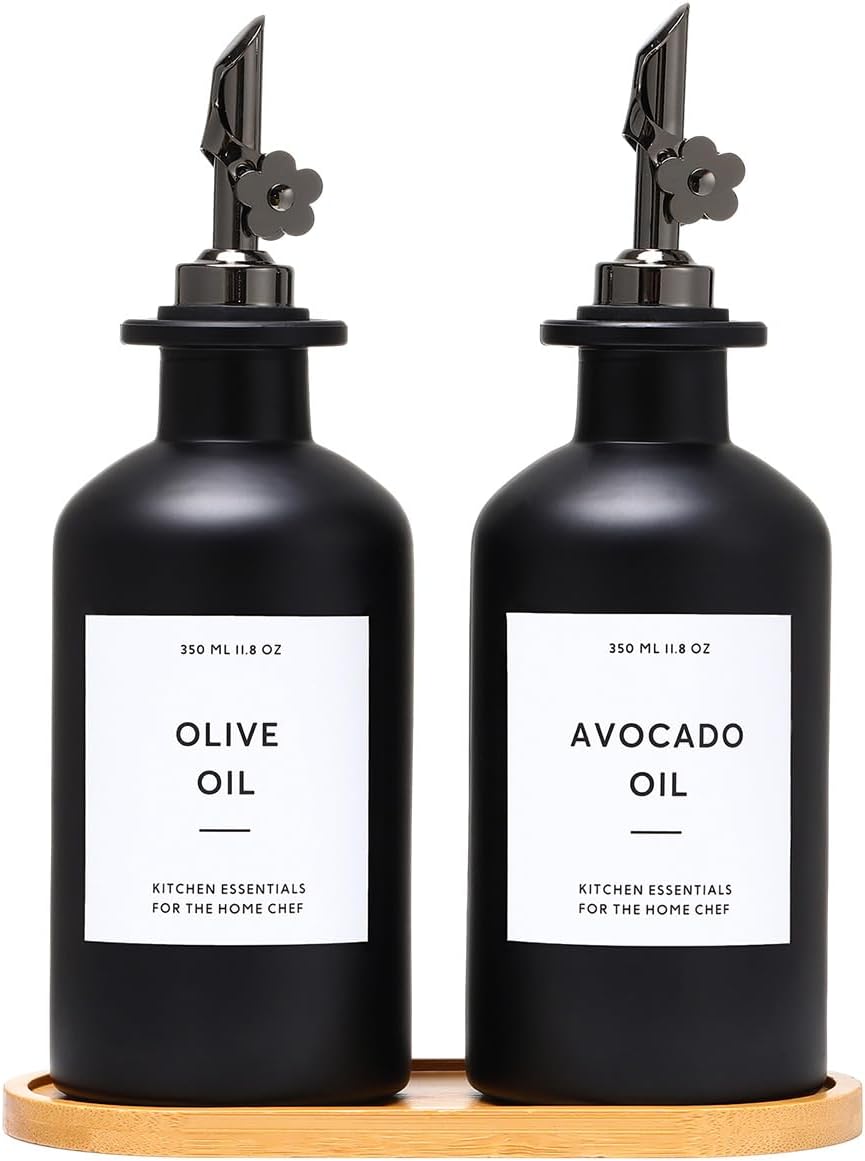 HOMCDALY Olive Oil Dispenser for Kitchen, 11.8oz Glass Kitchen Dispenser Bottle, Black Oil&Vinegar Cruet Set, Leakproof Olive Oil Bottles | Set of 2 (11.8oz – Black)