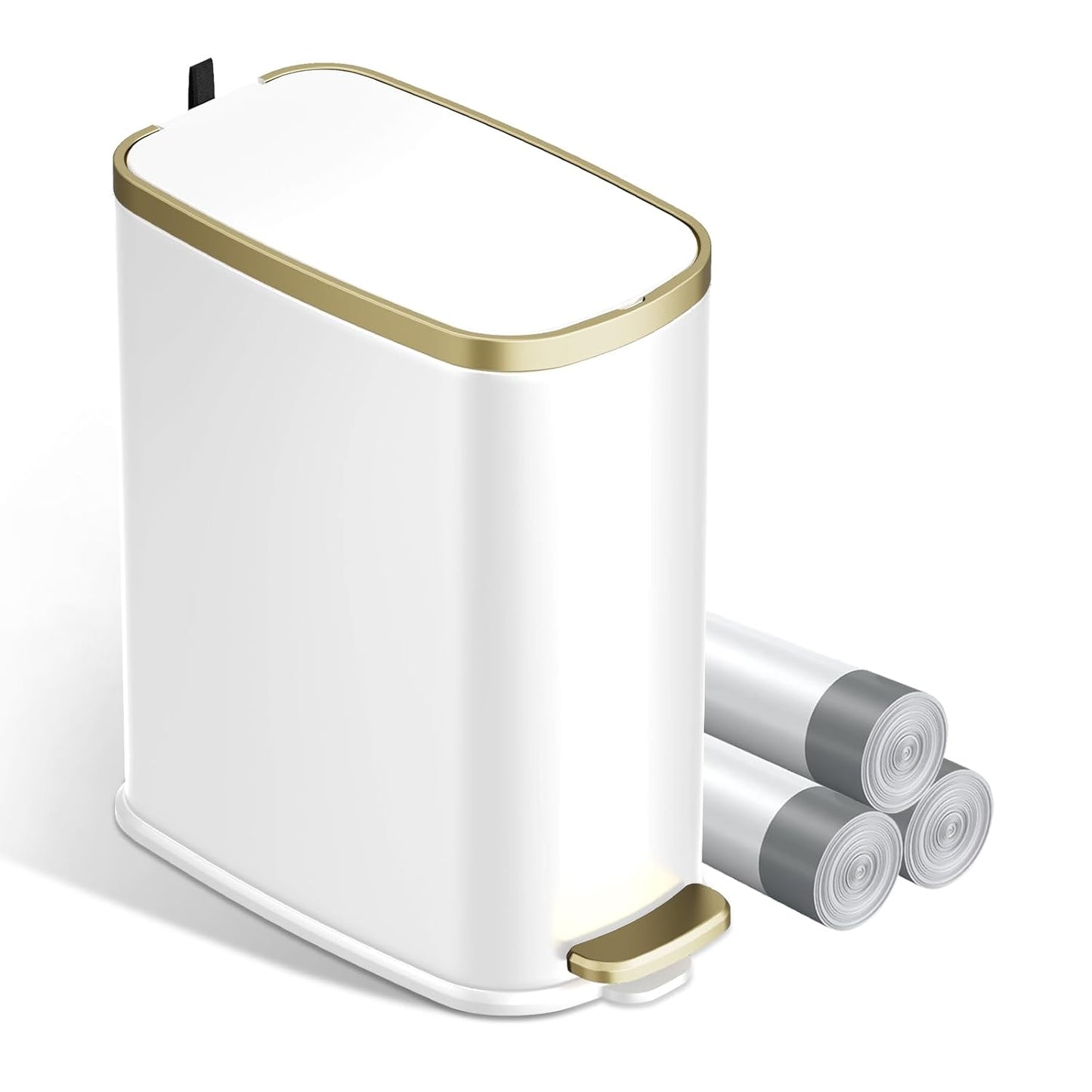 KUK Small Bathroom Trash Can with Lid Soft Close, Step Pedal, 2.4 Gal Stainless Steel Garbage Can with Removable Inner Bucket, Anti-Fingerprint Wastebasket for Office, Bedroom, Toilet (White)