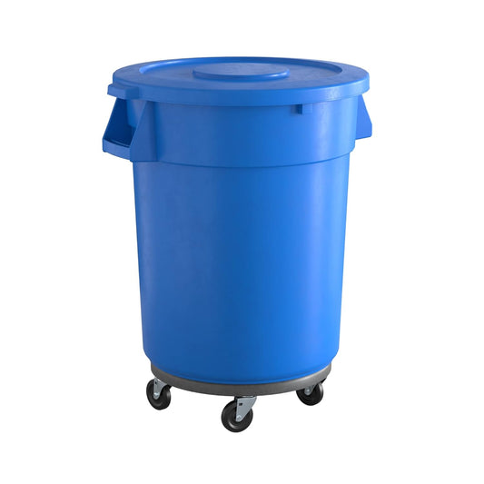 32 Gallon Blue Round Commercial Trash Can with Lid and Dolly