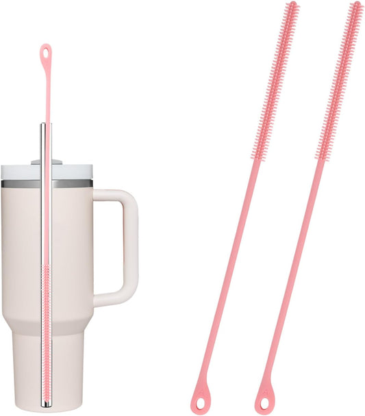 2pcs Silicone Straw Cleaner Brush, 9.5in Extra Long Reusable Straw Brush for Stanley, Metal, Glass Straws, Bendable Travel Drinking Bottle Lid Cleaning Tool for Crevice Pipe Tube (Pink)