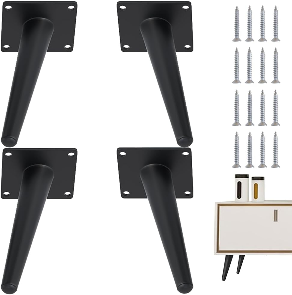 4PCS 6 Inch Matte Black Tapered Angled Legs for Furniture, Metal Mid Century Mordern Feet, Heavy Duty Slanted Stand Legs Kit for Couch, Coffee Table, Desk, Dresser, Sofa, Chair