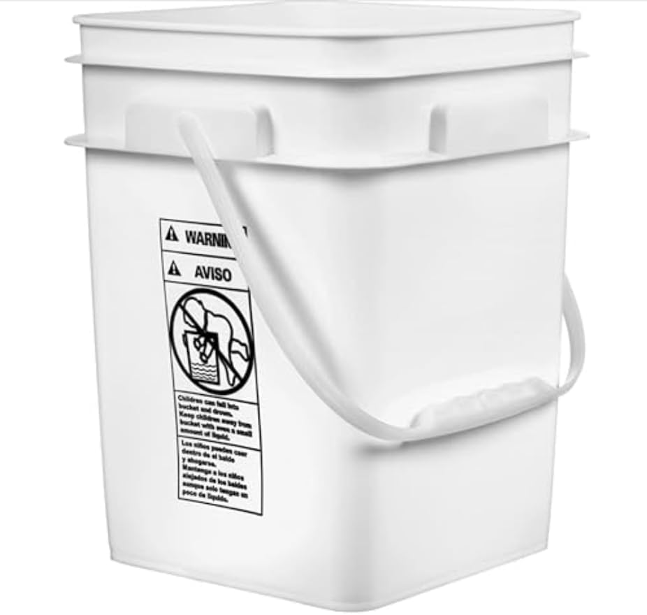 House Naturals 4 Gallon Square Food Grade Bucket Pail with Plastic Handles and Lid (Pack of 3) Made in USA containers (White - Green lid)