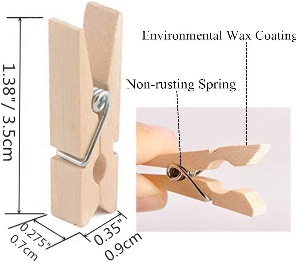 DurReus 50PCS 1.4inch Small Natural Wooden Clothespins for Pictures with Jute Twine Paper Peg Clips Photo Holders Hanging Crafts Home Wall Decor