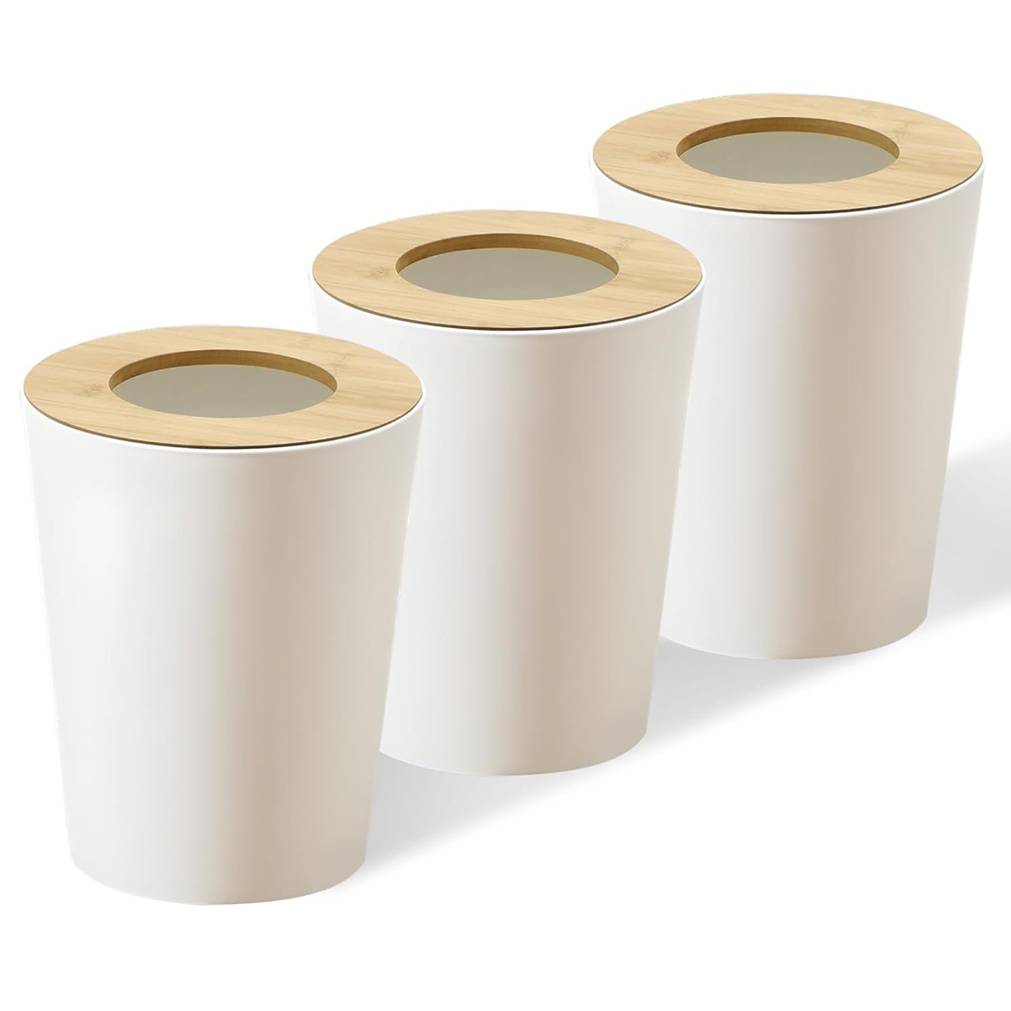 White Trash Can for Bedroom with Bamboo Lid, 2.4 Gallon Open Top Trash Can 3 Pack, Modern Aesthetic Garbage Can for Room Office Living Room, Small Bathroom Trash Bin Boho Style