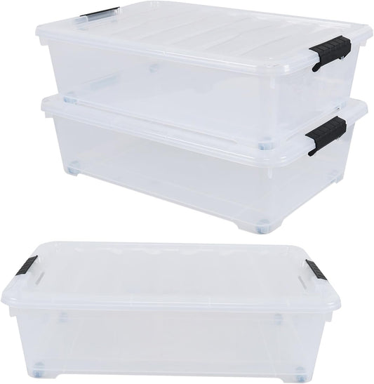 25 Quart Plastic Under Bed Storage Boxes, Wheeled UnderBed Storage Container, 3 Pack, Clear