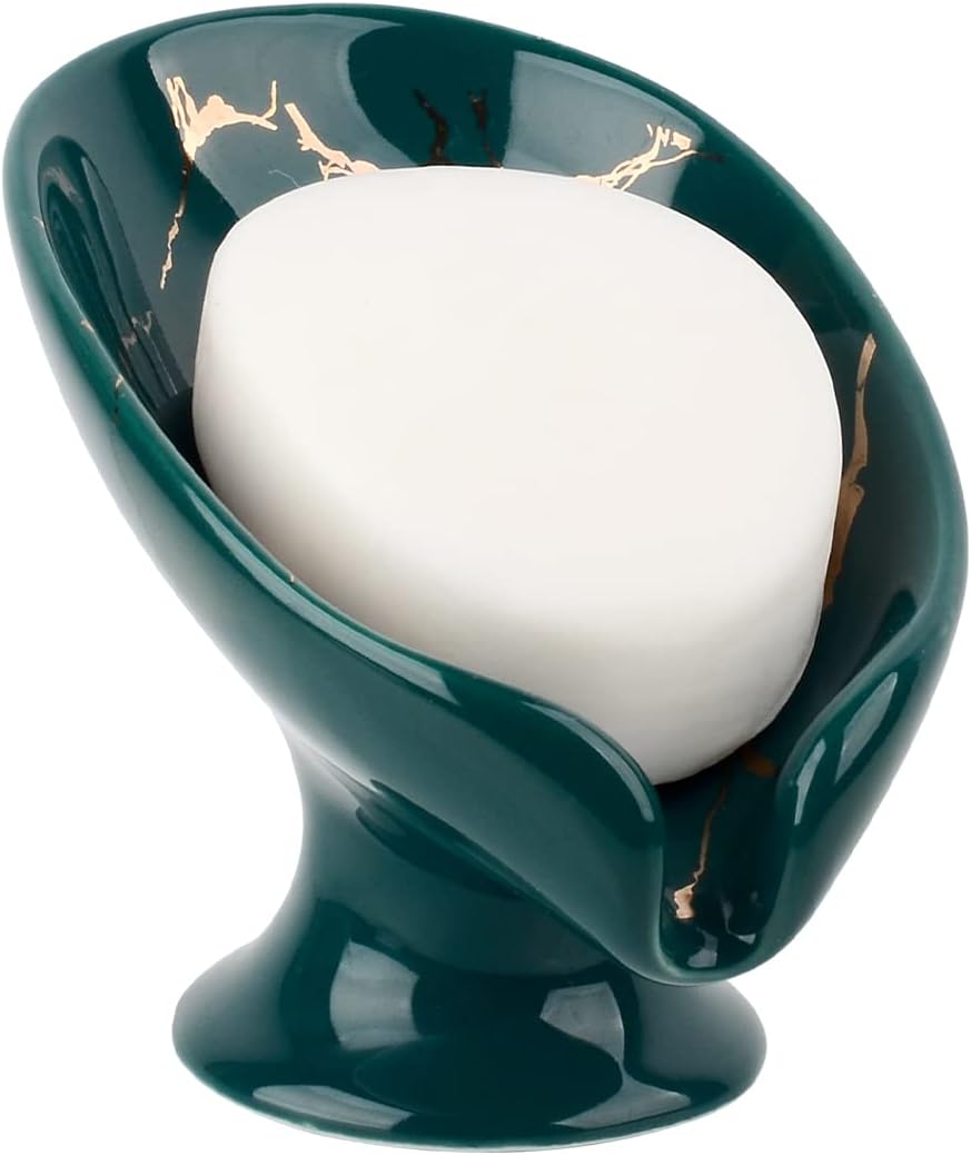 Soap Dish, Ceramic Soap Holder Self Draining Leaf Shape Bar Soap Holder, Marble Look Green Drain Soap Dish Holder for Bathroom, Easy to Clean Keeps Soap Dry, ANTIS'S HOME