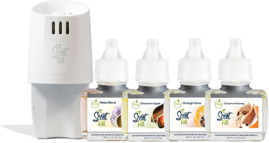Scent Fill Fall Plug in Air Freshener Kit (Relax Blend, Cinnamon Apple, Orange Clove, Sweet & Spicy Cinnamon Nutmeg), 4 Refills + Diffuser