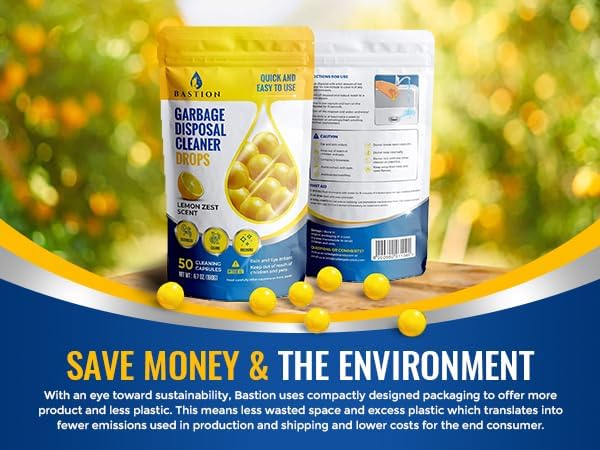 Bastion Garbage Disposal Cleaner and Deodorizer Drops- [[50-Count]] Lemon Zest Scented Kitchen Sink Freshener Pods & Drain Odor Eliminator Disposer Care Balls