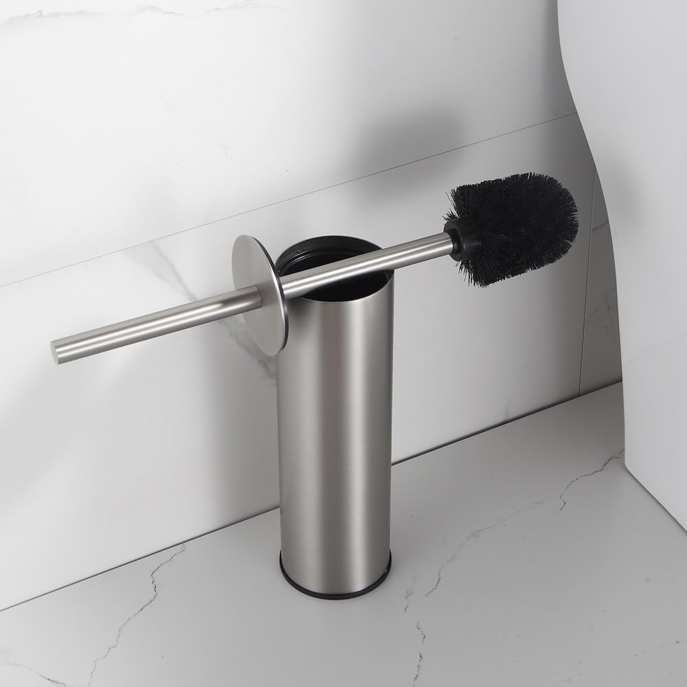Toilet Brush and Holder Set Brushed Nickel Stainless Steel, 304 Heavy Duty Round Toilet Brush Set – Rust Resistant, Long Handle, Replacement Heads, Floor Standing Bathroom Toilet Cleaning