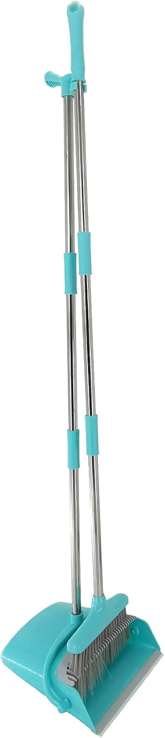 Extendable Long Handle Broom and Dustpan Set, Stainless Lightweight Upright Standing Broom and Dustpan Combo for Kitchen Lobby Office Living Room Household Indoor or Outside (Light Blue)
