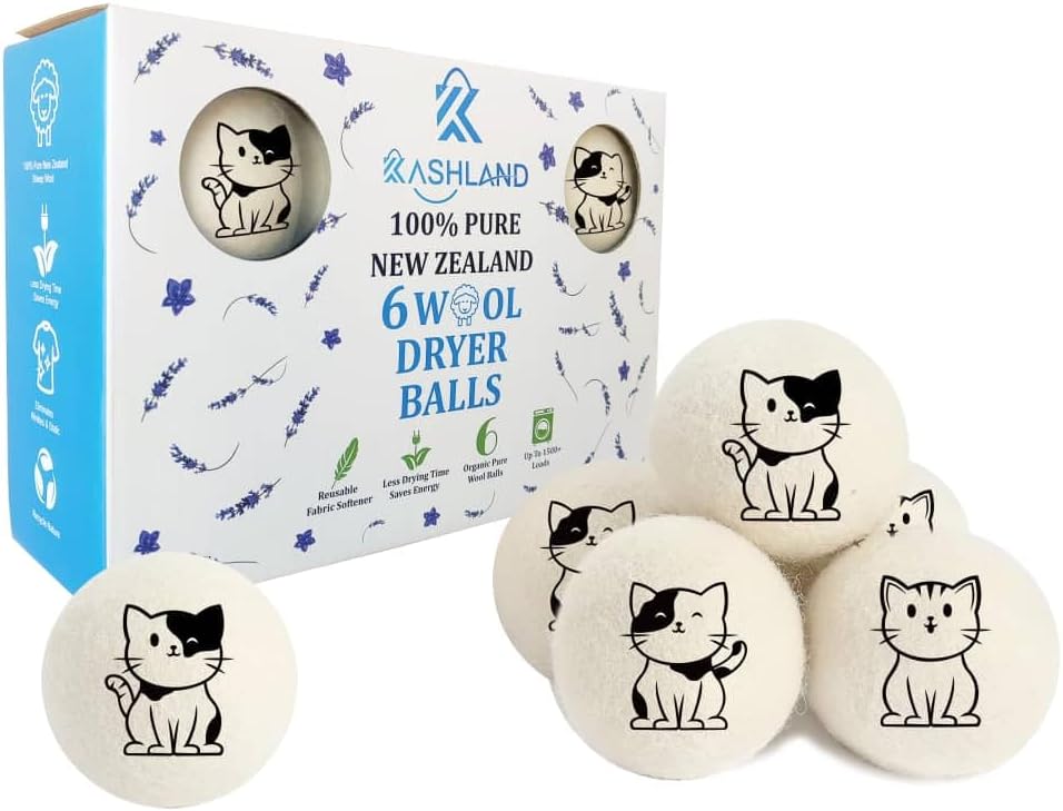 Organic Wool Dryer Balls: Eco-Friendly & Chemical-Free | Our Anti-Entanglement Reusable Balls Eliminate Wrinkle Static | 6-Pack XL Dryer Balls for Laundry is Made with New Zealand Wool (Cat)