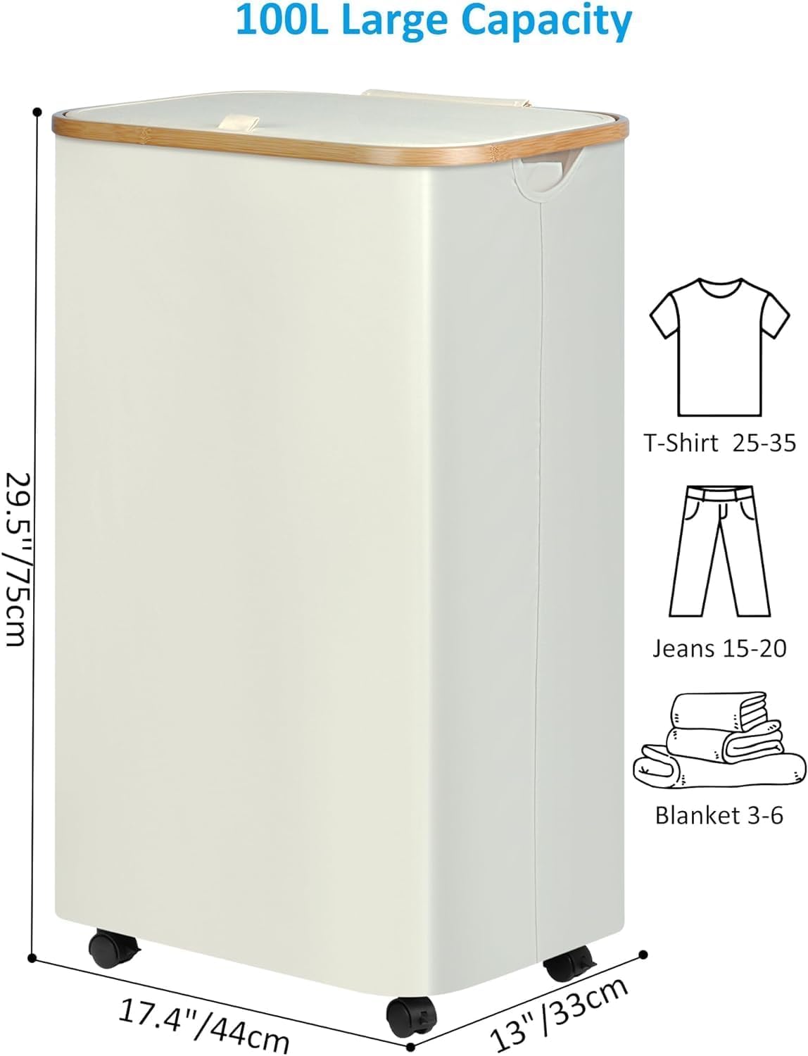efluky Laundry Basket with Wheels, Tall Rolling Laundry Hamper with Lid and Removable Bag, Aesthetic Dirty Clothes Hamper on Wheels for Laundry Room, Bedroom, Dorm and Bathroom, 100L Beige