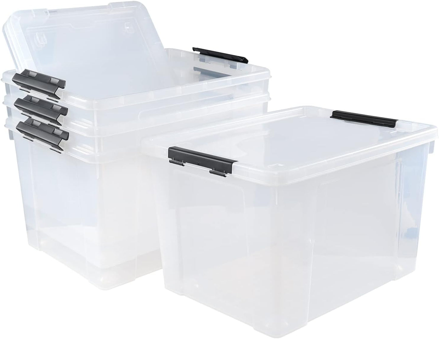 4 Pack Clear Storage Latch Bin with Lid, 34 L Plastic Wheeled Storage Box